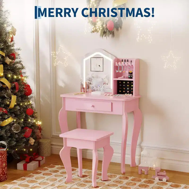 Kids Vanity with Lighted Mirror, Little Girl Vanity and Stool, Toddler Makeup Table Set and Makeup Playset for 3-8 Girls