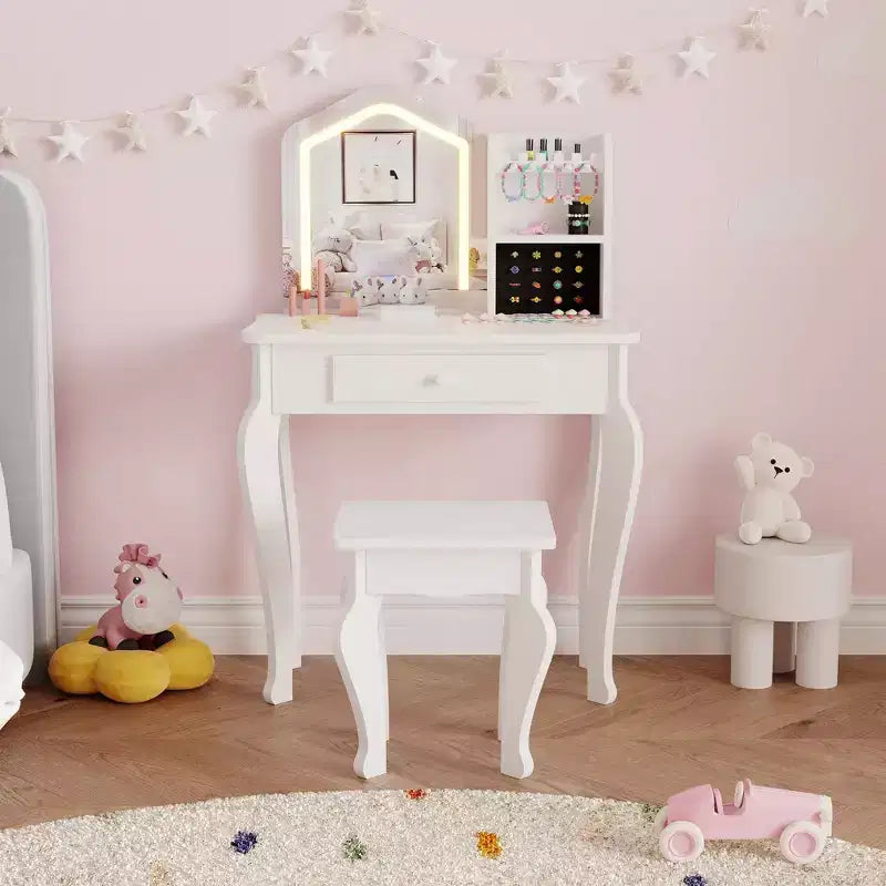 Kids Vanity with Lighted Mirror, Little Girl Vanity and Stool, Toddler Makeup Table Set and Makeup Playset for 3-8 Girls