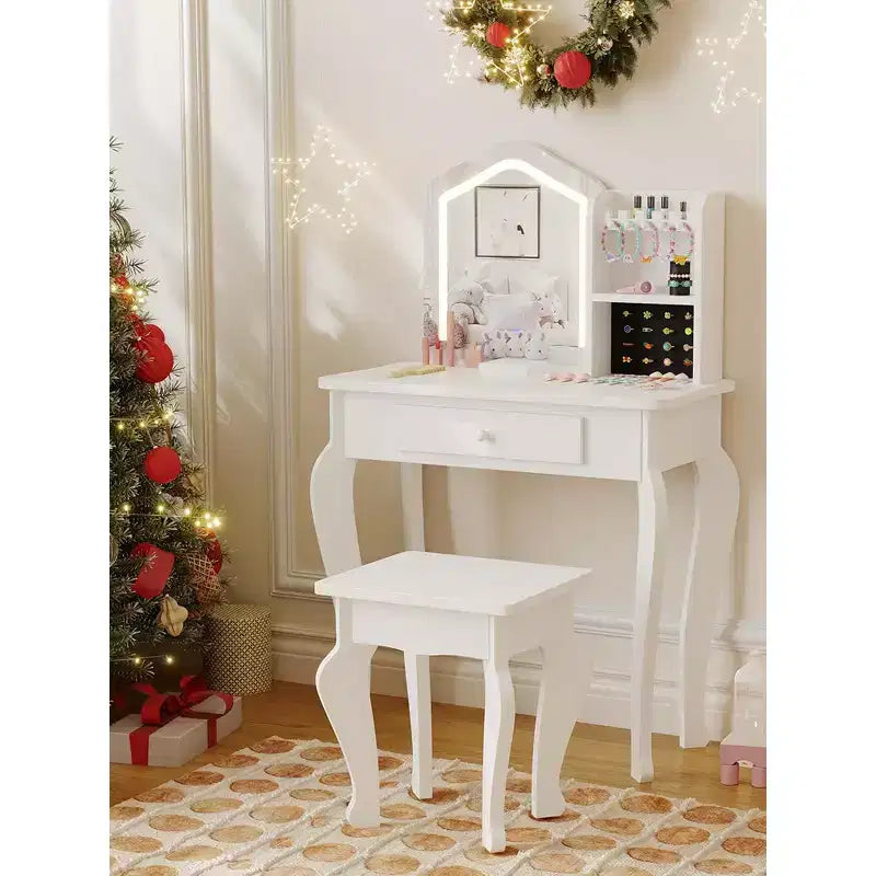Kids Vanity with Lighted Mirror, Little Girl Vanity and Stool, Toddler Makeup Table Set and Makeup Playset for 3-8 Girls