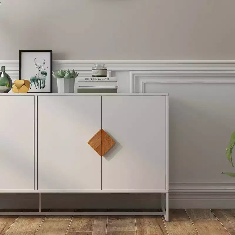MAYEERTY Solid Wood Sideboard, 4 Doors Double Storage with Special Square Handle