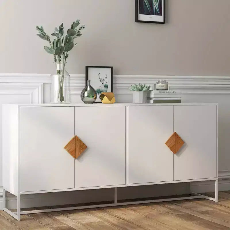 MAYEERTY Solid Wood Sideboard, 4 Doors Double Storage with Special Square Handle