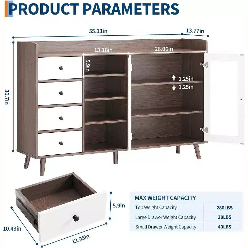 55 Buffet Cabinet with Drawers, Farmhouse Pantry Storage Sideboard for Dining Room and Living Room, Freestanding Kitchen Cupboard