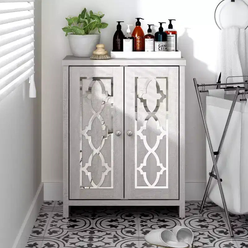 Galano Freestanding Bathroom Cabinet with Mirrored Doors in Dusty Gray Oak 25 W 11.7 D 32 H