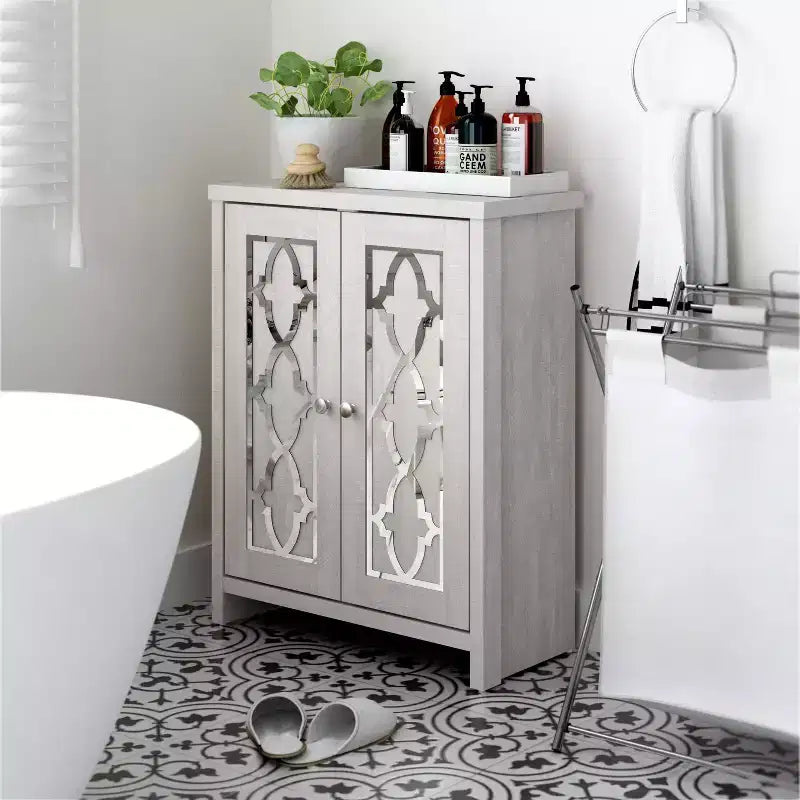 Galano Freestanding Bathroom Cabinet with Mirrored Doors in Dusty Gray Oak 25 W 11.7 D 32 H