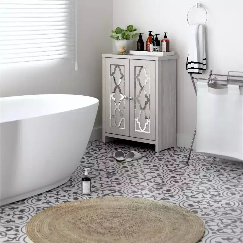 Galano Freestanding Bathroom Cabinet with Mirrored Doors in Dusty Gray Oak 25 W 11.7 D 32 H