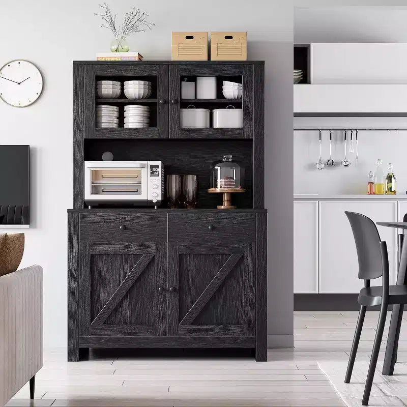 Multi-Functional Kitchen Storage Cabinet, Pantry Cabinet Microwave Stand & Coffee Bar, Freestanding Storage Hutch with 4 Doors & Adjustable Shelves