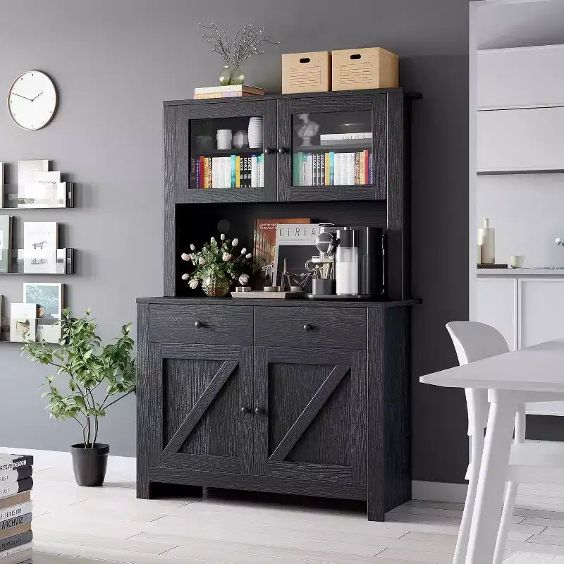 Multi-Functional Kitchen Storage Cabinet, Pantry Cabinet Microwave Stand & Coffee Bar, Freestanding Storage Hutch with 4 Doors & Adjustable Shelves