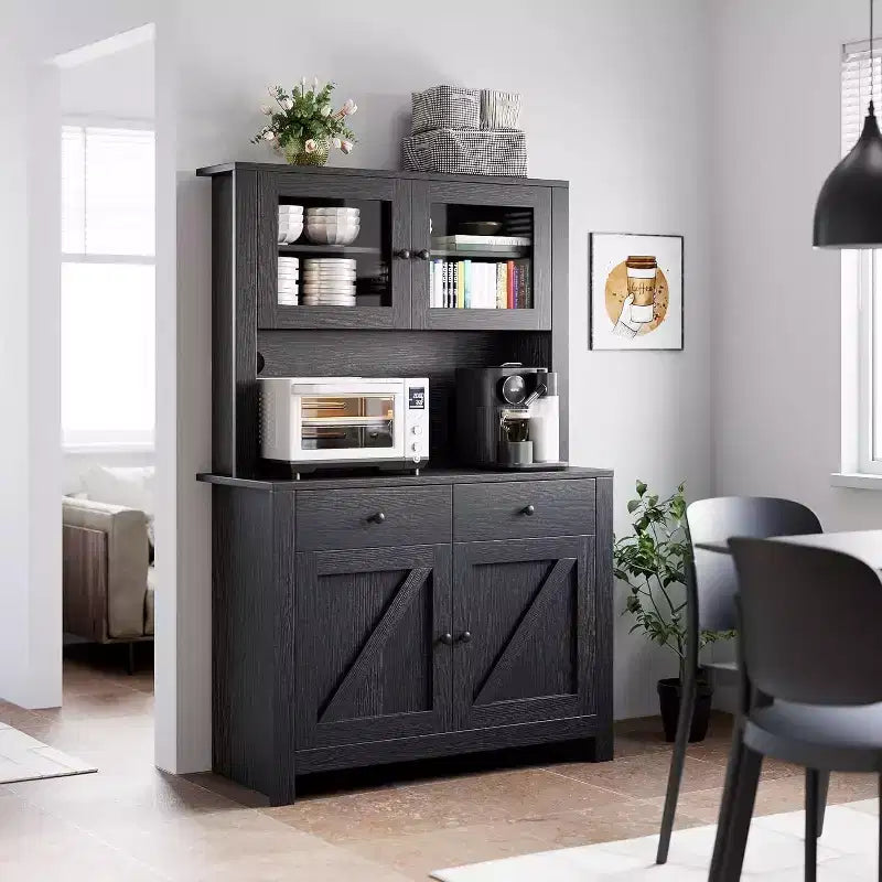 Multi-Functional Kitchen Storage Cabinet, Pantry Cabinet Microwave Stand & Coffee Bar, Freestanding Storage Hutch with 4 Doors & Adjustable Shelves