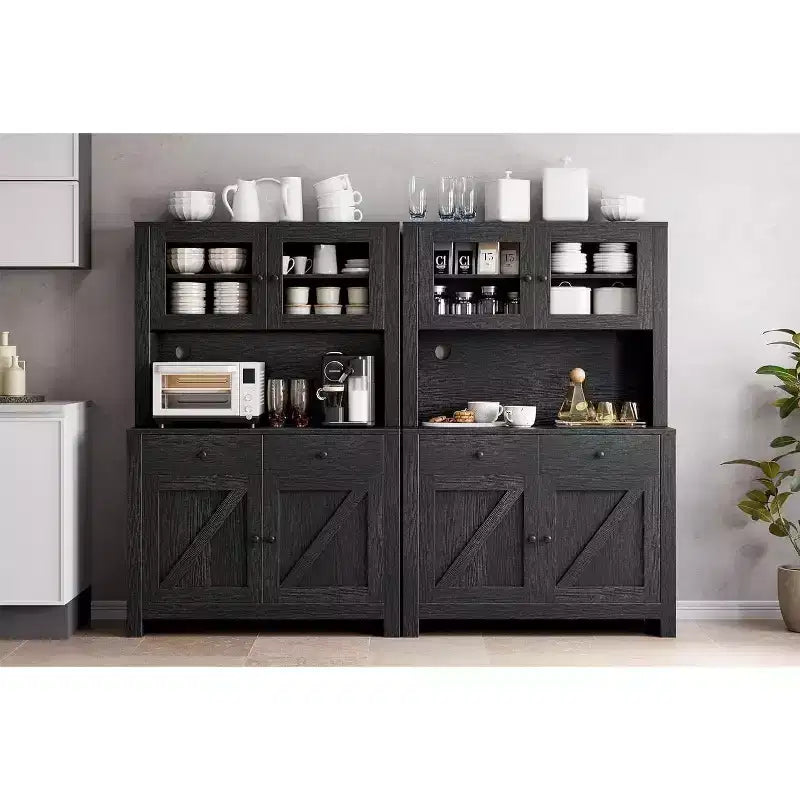 Multi-Functional Kitchen Storage Cabinet, Pantry Cabinet Microwave Stand & Coffee Bar, Freestanding Storage Hutch with 4 Doors & Adjustable Shelves