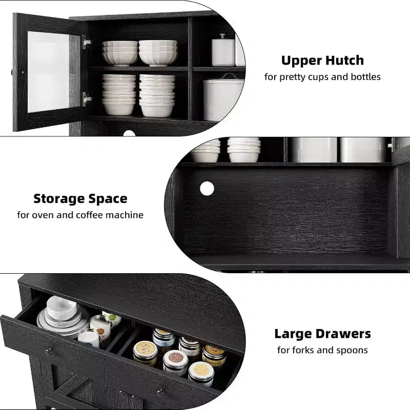 Multi-Functional Kitchen Storage Cabinet, Pantry Cabinet Microwave Stand & Coffee Bar, Freestanding Storage Hutch with 4 Doors & Adjustable Shelves