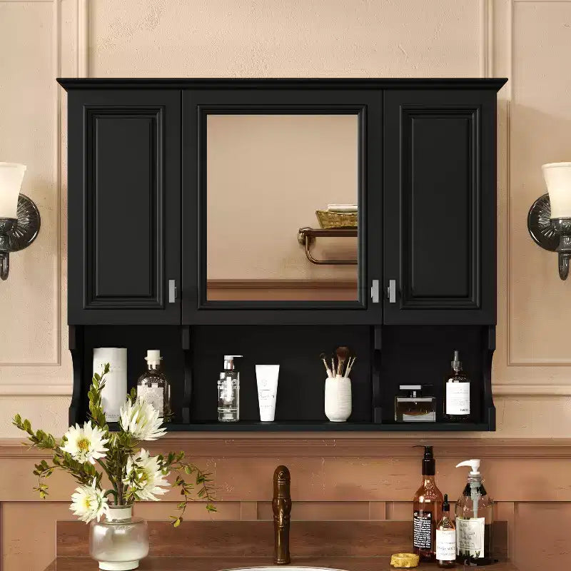 MAYEERTY 28.7 Wall Mounted Bathroom Medicine Cabinet, Modern Bathroom Wall Cabinet with Mirror Open Shelves Black