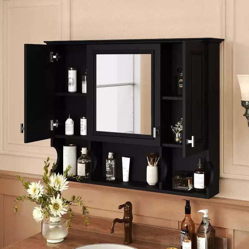 MAYEERTY 28.7 Wall Mounted Bathroom Medicine Cabinet, Modern Bathroom Wall Cabinet with Mirror Open Shelves Black