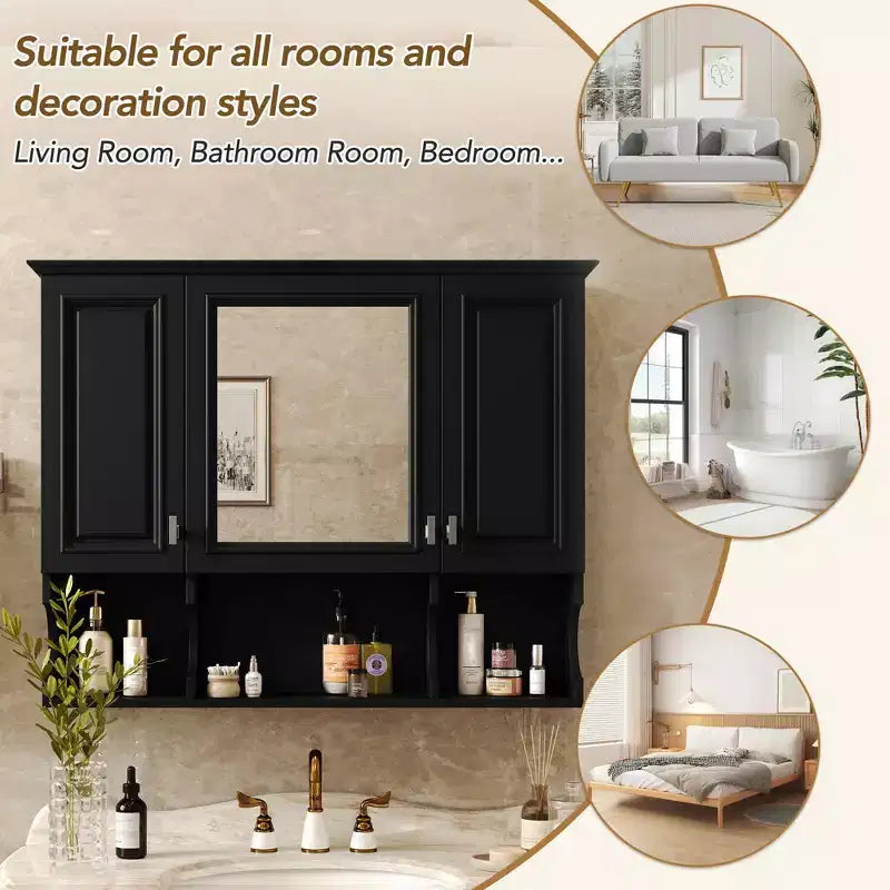 MAYEERTY 28.7 Wall Mounted Bathroom Medicine Cabinet, Modern Bathroom Wall Cabinet with Mirror Open Shelves Black