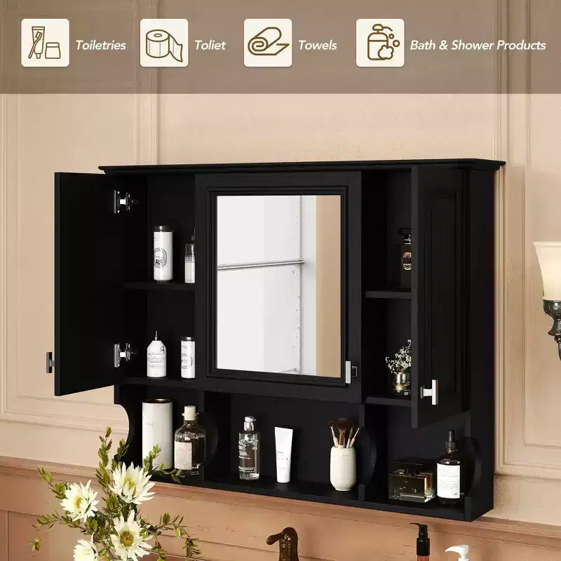 MAYEERTY 28.7 Wall Mounted Bathroom Medicine Cabinet, Modern Bathroom Wall Cabinet with Mirror Open Shelves Black