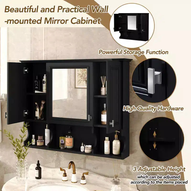 MAYEERTY 28.7 Wall Mounted Bathroom Medicine Cabinet, Modern Bathroom Wall Cabinet with Mirror Open Shelves Black