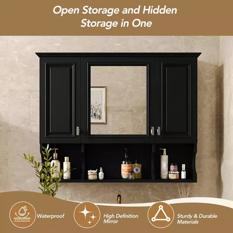 MAYEERTY 28.7 Wall Mounted Bathroom Medicine Cabinet, Modern Bathroom Wall Cabinet with Mirror Open Shelves Black