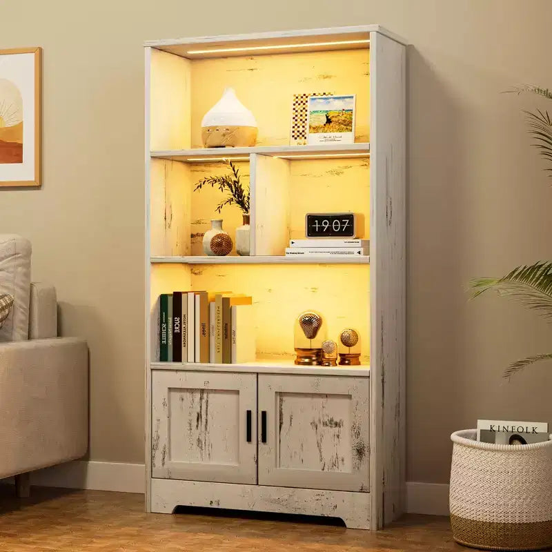 Modern Bookshelf with Doors White Storage Rack 3 Shelf Standing Bookshelves Wooden Display Shelf
