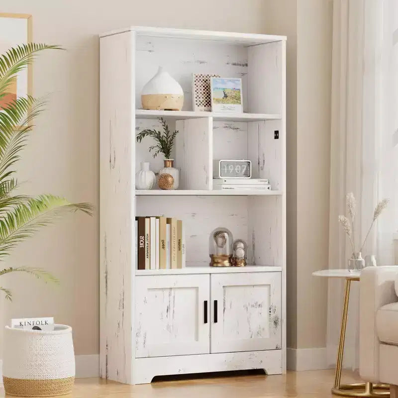 Modern Bookshelf with Doors White Storage Rack 3 Shelf Standing Bookshelves Wooden Display Shelf