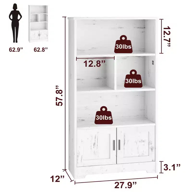 Modern Bookshelf with Doors White Storage Rack 3 Shelf Standing Bookshelves Wooden Display Shelf