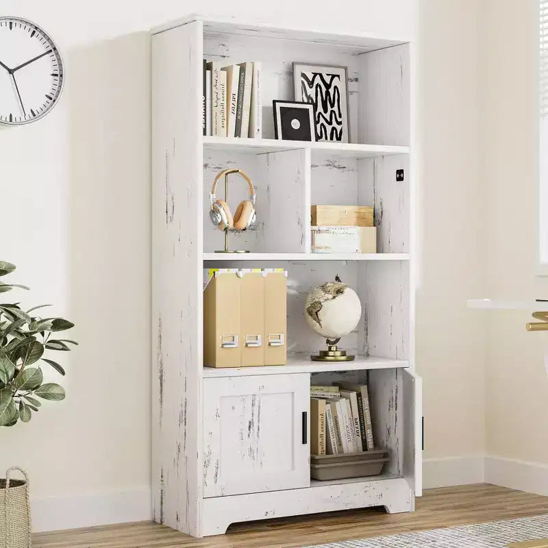 Modern Bookshelf with Doors White Storage Rack 3 Shelf Standing Bookshelves Wooden Display Shelf