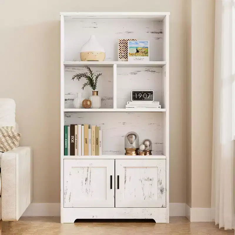 Modern Bookshelf with Doors White Storage Rack 3 Shelf Standing Bookshelves Wooden Display Shelf