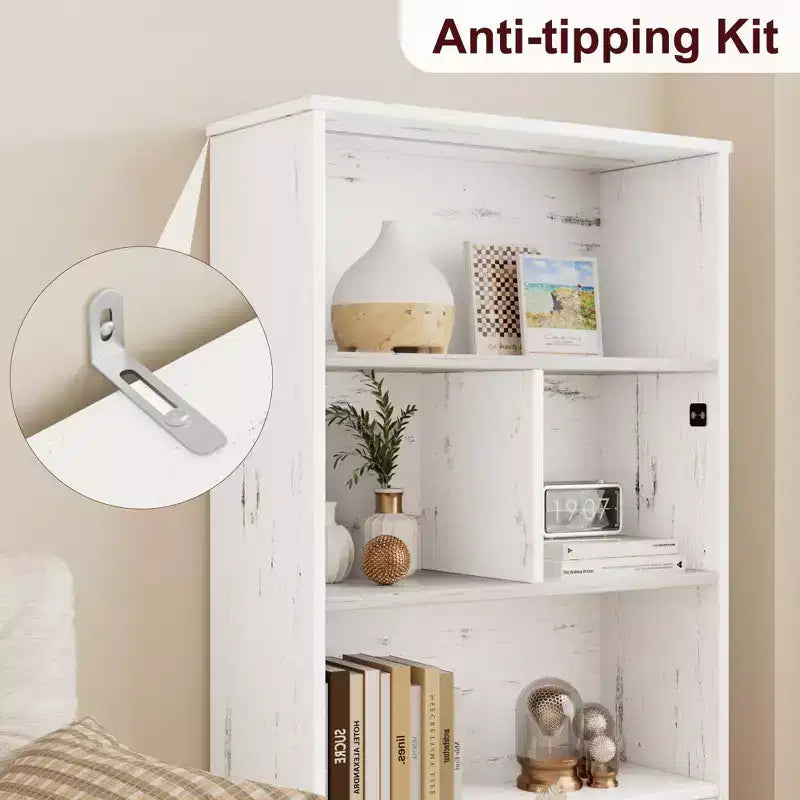 Modern Bookshelf with Doors White Storage Rack 3 Shelf Standing Bookshelves Wooden Display Shelf
