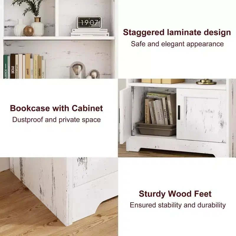 Modern Bookshelf with Doors White Storage Rack 3 Shelf Standing Bookshelves Wooden Display Shelf
