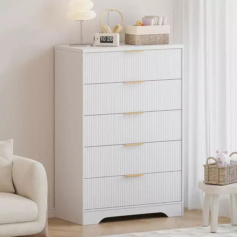 White Dresser for Bedroom, 31.5 Modern Tall Chest of Drawers with 5 Smooth Slides Drawers & Gold Metal Handles, Closet, Entryway, Hallway