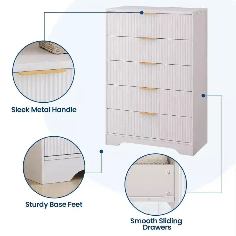 White Dresser for Bedroom, 31.5 Modern Tall Chest of Drawers with 5 Smooth Slides Drawers & Gold Metal Handles, Closet, Entryway, Hallway