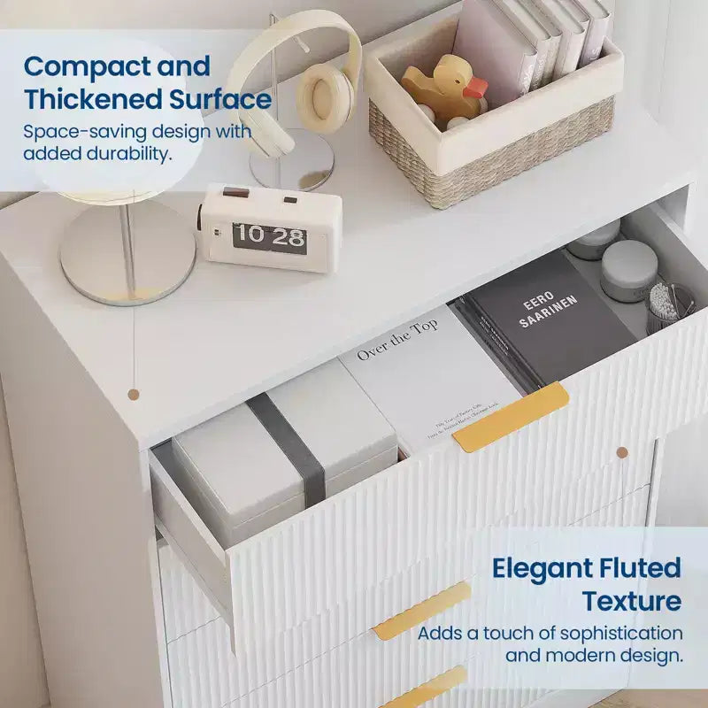 White Dresser for Bedroom, 31.5 Modern Tall Chest of Drawers with 5 Smooth Slides Drawers & Gold Metal Handles, Closet, Entryway, Hallway
