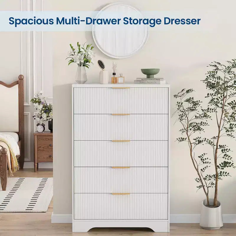 White Dresser for Bedroom, 31.5 Modern Tall Chest of Drawers with 5 Smooth Slides Drawers & Gold Metal Handles, Closet, Entryway, Hallway