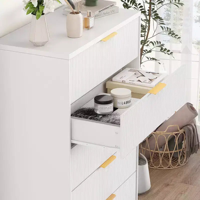 White Dresser for Bedroom, 31.5 Modern Tall Chest of Drawers with 5 Smooth Slides Drawers & Gold Metal Handles, Closet, Entryway, Hallway