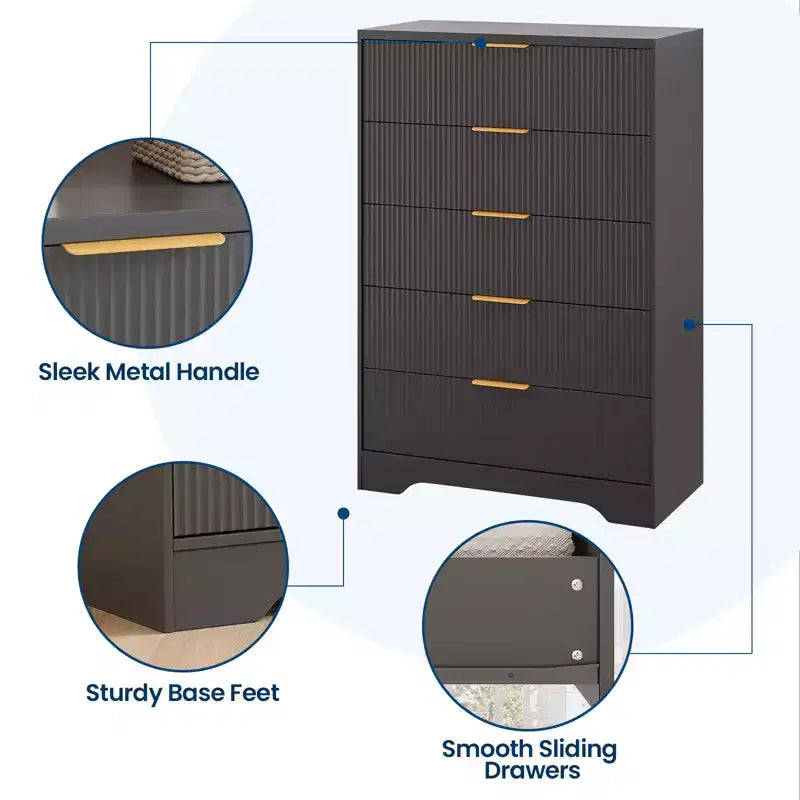 White Dresser for Bedroom, 31.5 Modern Tall Chest of Drawers with 5 Smooth Slides Drawers & Gold Metal Handles, Closet, Entryway, Hallway