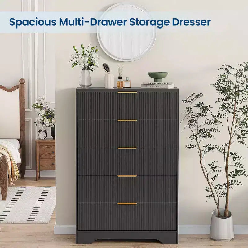 White Dresser for Bedroom, 31.5 Modern Tall Chest of Drawers with 5 Smooth Slides Drawers & Gold Metal Handles, Closet, Entryway, Hallway