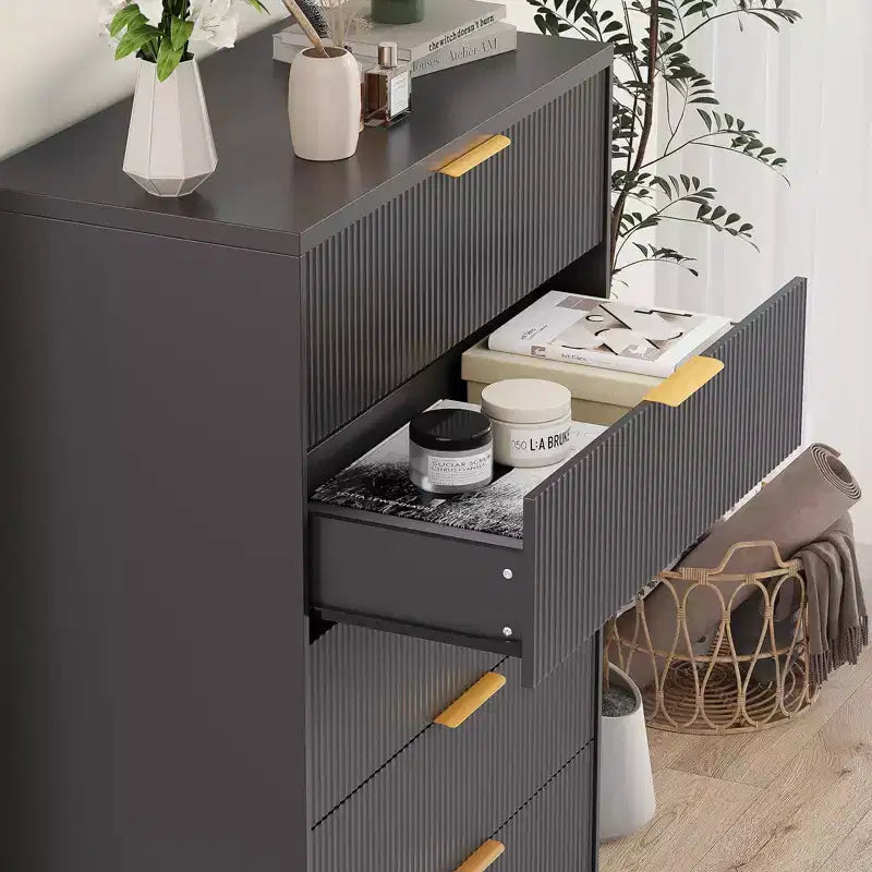 White Dresser for Bedroom, 31.5 Modern Tall Chest of Drawers with 5 Smooth Slides Drawers & Gold Metal Handles, Closet, Entryway, Hallway