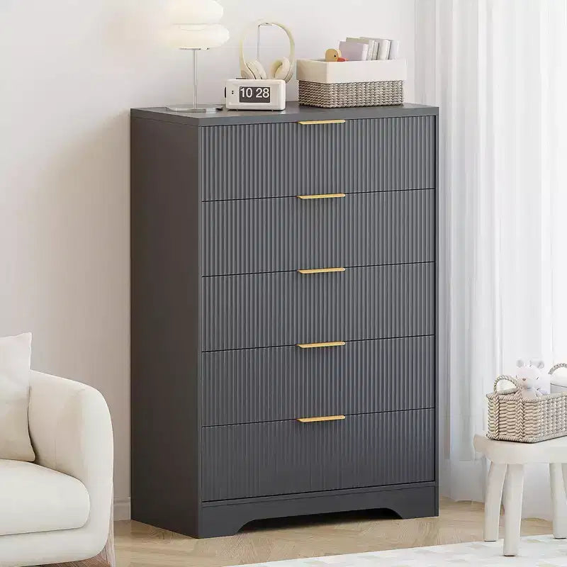White Dresser for Bedroom, 31.5 Modern Tall Chest of Drawers with 5 Smooth Slides Drawers & Gold Metal Handles, Closet, Entryway, Hallway
