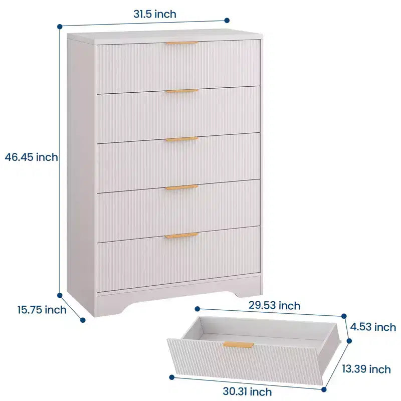 White Dresser for Bedroom, 31.5 Modern Tall Chest of Drawers with 5 Smooth Slides Drawers & Gold Metal Handles, Closet, Entryway, Hallway