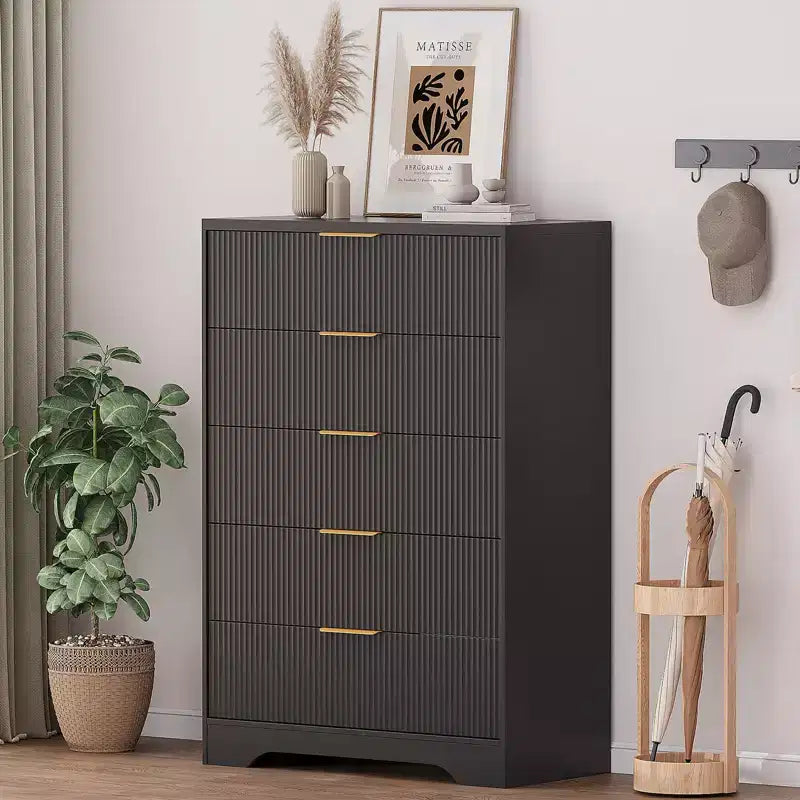 White Dresser for Bedroom, 31.5 Modern Tall Chest of Drawers with 5 Smooth Slides Drawers & Gold Metal Handles, Closet, Entryway, Hallway