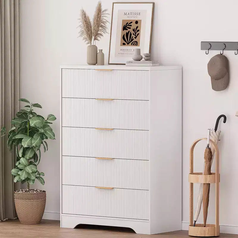 White Dresser for Bedroom, 31.5 Modern Tall Chest of Drawers with 5 Smooth Slides Drawers & Gold Metal Handles, Closet, Entryway, Hallway