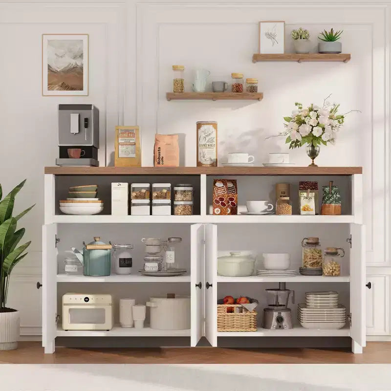 Farmhouse Buffet Sideboard Cabinet with Storage, Coffee Bar with Doors and Adjustable Shelves, Modern Wood Console Cabinet for Kitchen, Livingroom