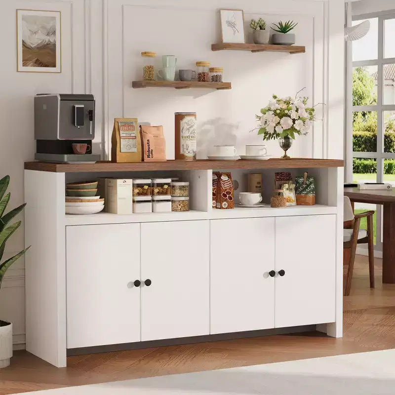 Farmhouse Buffet Sideboard Cabinet with Storage, Coffee Bar with Doors and Adjustable Shelves, Modern Wood Console Cabinet for Kitchen, Livingroom