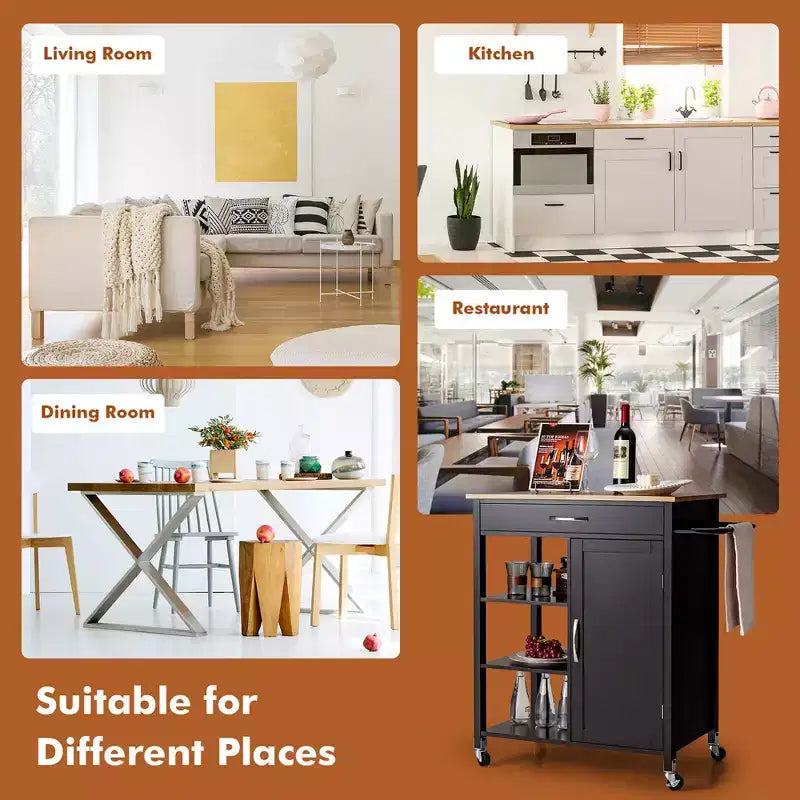 Costway Mobile Kitchen Island Cart Serving Utility Trolley Drawer Shelf Towel Rack