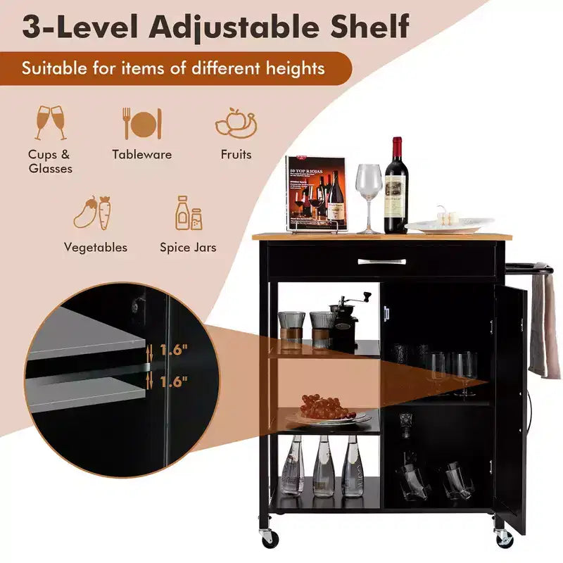 Costway Mobile Kitchen Island Cart Serving Utility Trolley Drawer Shelf Towel Rack