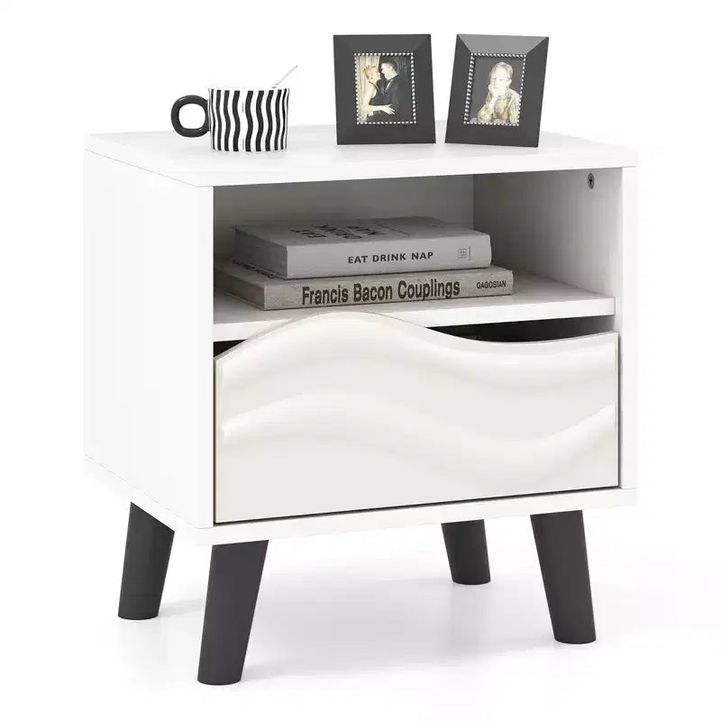 Costway Nightstand w/ Drawer 3D Wavy Pattern & Open Shelf Small Sofa Couch Side Table