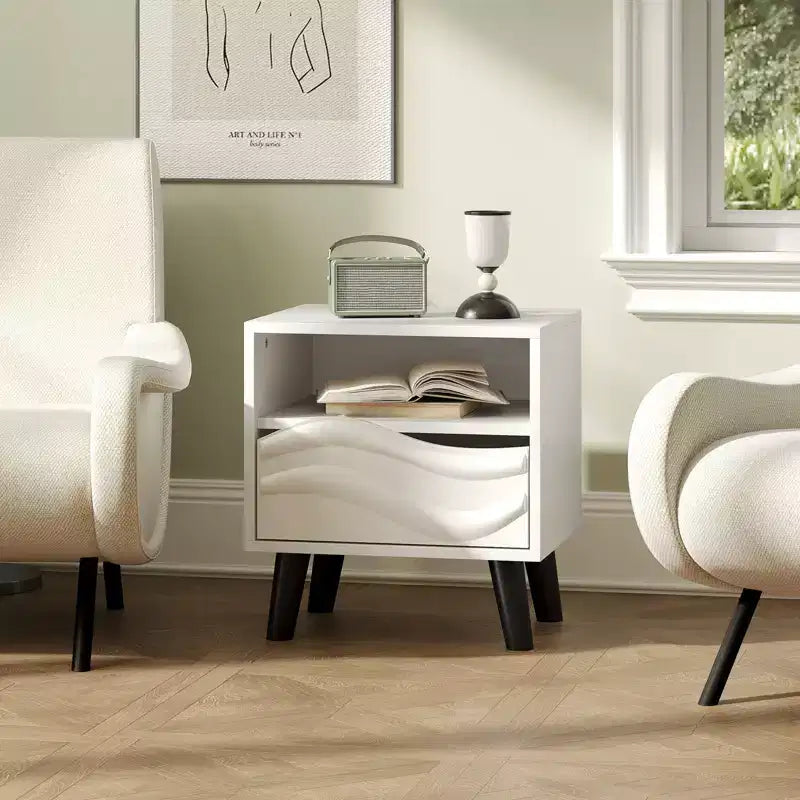 Costway Nightstand w/ Drawer 3D Wavy Pattern & Open Shelf Small Sofa Couch Side Table
