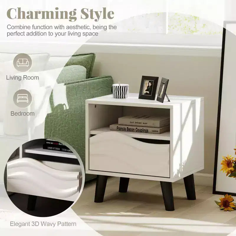 Costway Nightstand w/ Drawer 3D Wavy Pattern & Open Shelf Small Sofa Couch Side Table