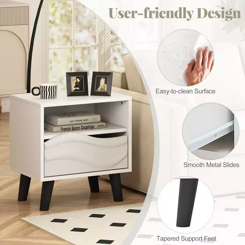 Costway Nightstand w/ Drawer 3D Wavy Pattern & Open Shelf Small Sofa Couch Side Table