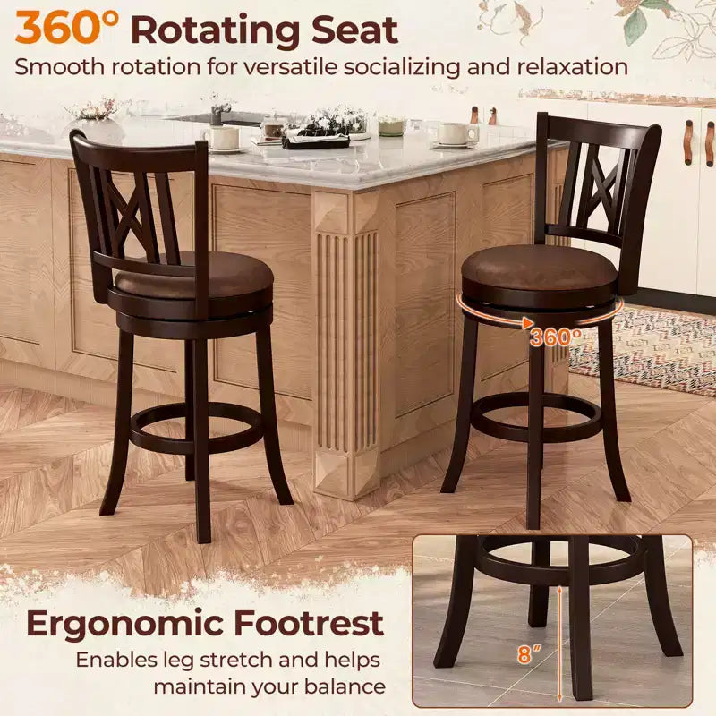 Costway Set of 2 Bar Stools 26 Swivel Bar Chairs w/ Footrest Hollowed Backrest