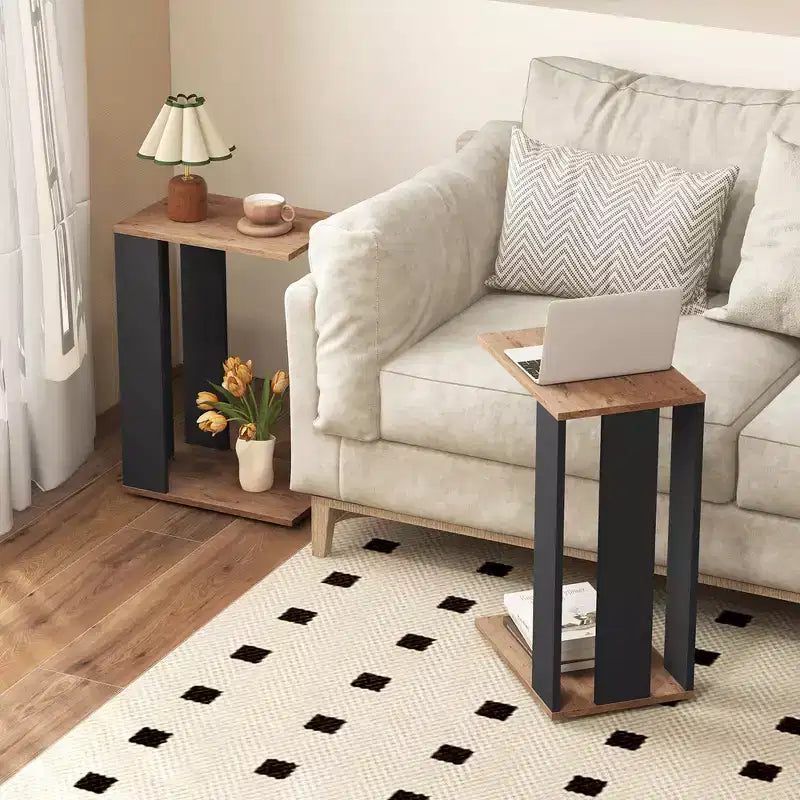 Costway 2-Tier C Shaped Side Table w/ Universal Wheels & Shelf for Small Space