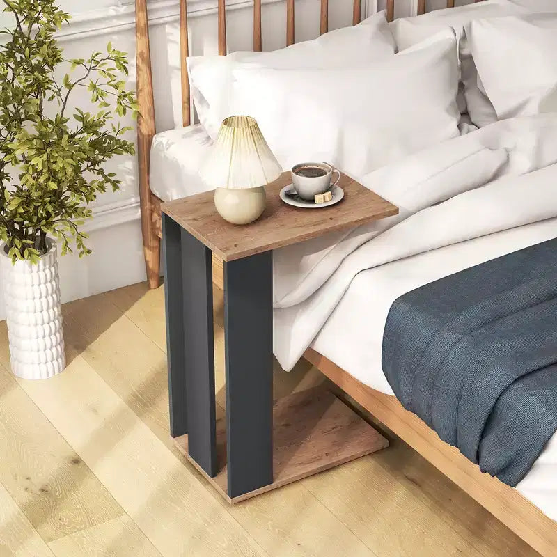 Costway 2-Tier C Shaped Side Table w/ Universal Wheels & Shelf for Small Space